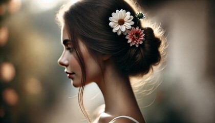 Naklejka premium Profile of a Young Woman with Floral Hairpiece in Soft Light