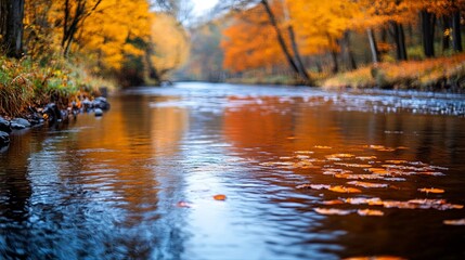 Fototapeta premium A tranquil river reflecting the vivid colors of fall foliage at the precise moment of the Fall Equinox, Fall Equinox, nature solstice