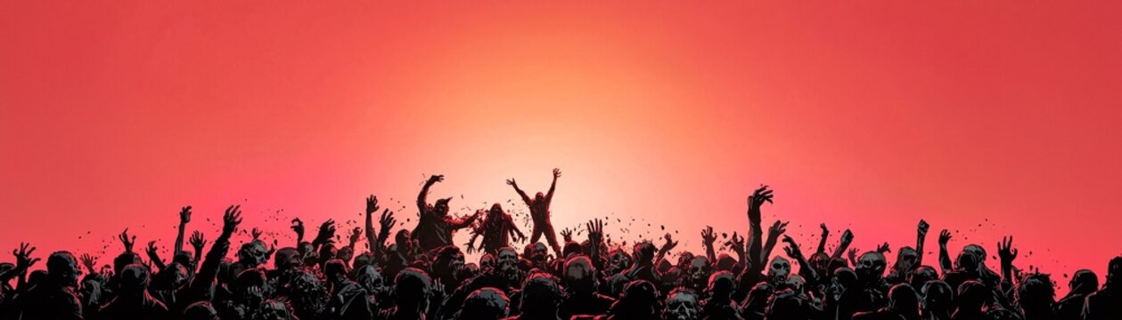 A vibrant comic book Halloween scene featuring a group of costumed superheroes facing off against a horde of zombies in a graveyard, with clear copy space for additional elements.