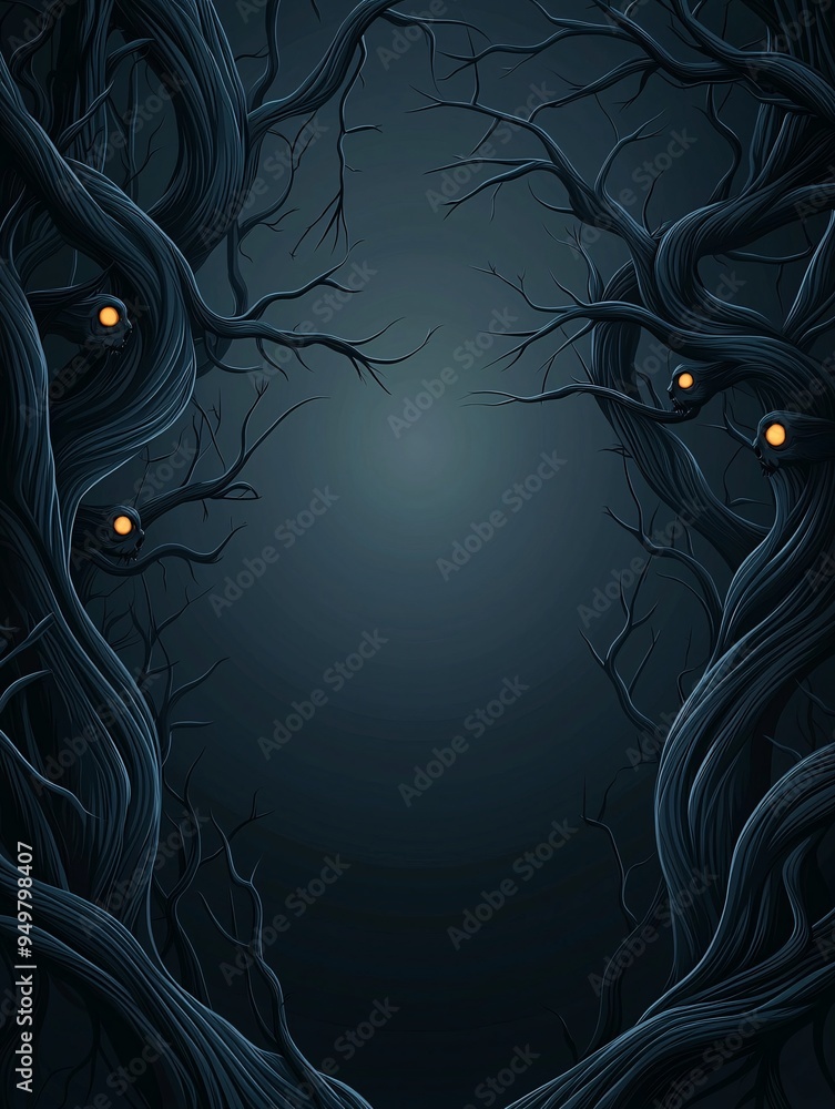 Aufkleber a comic book-style image of a haunted forest with twisted trees and glowing eyes peering from the da