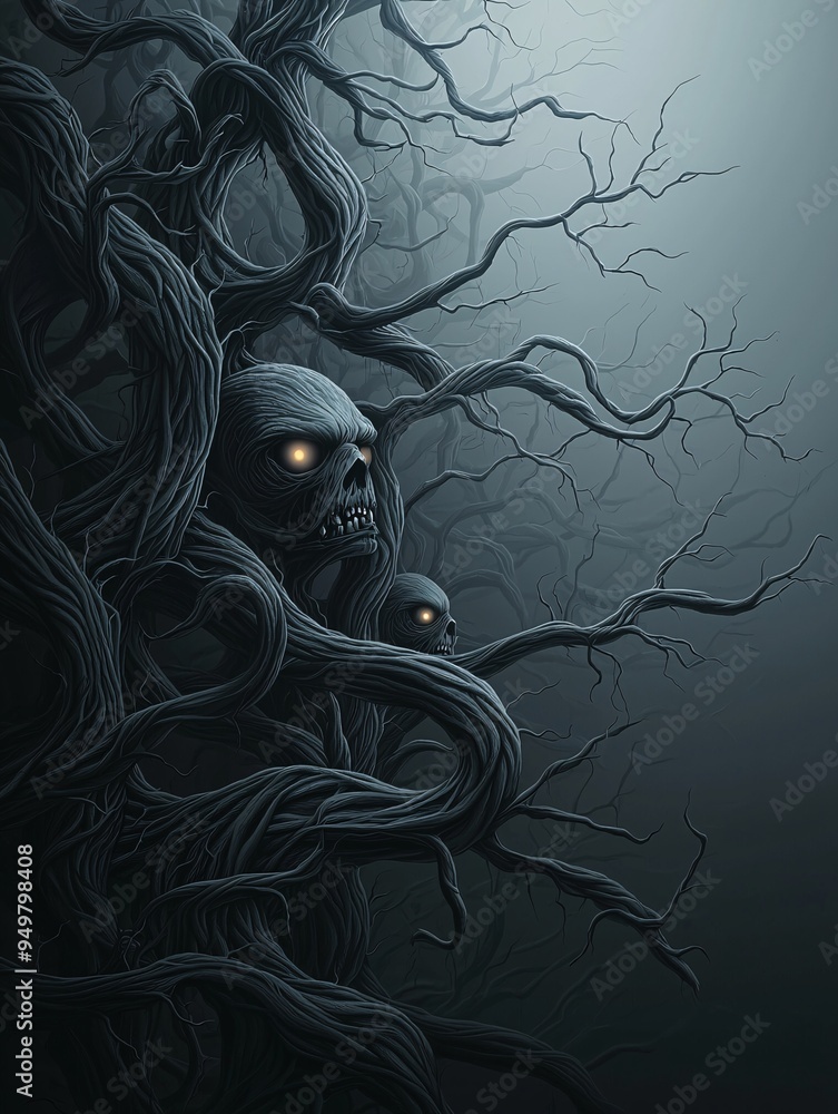 Poster a comic book-style image of a haunted forest with twisted trees and glowing eyes peering from the da