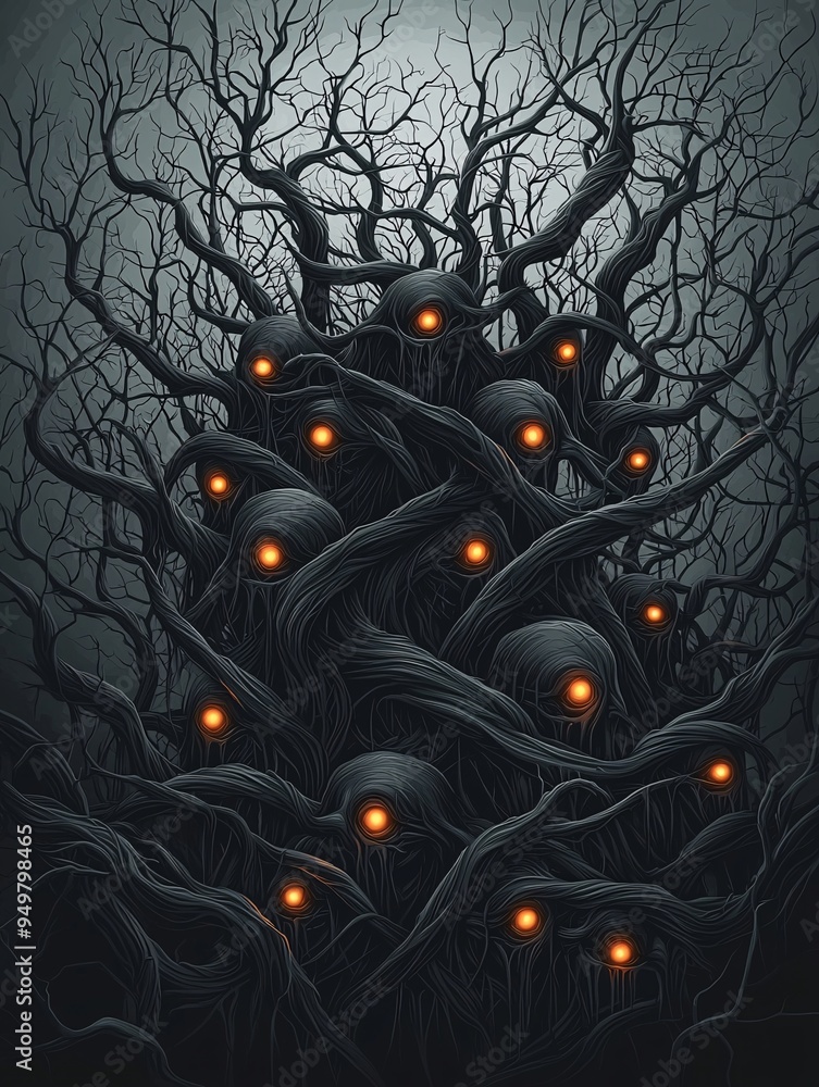 Aufkleber a comic book-style image of a haunted forest with twisted trees and glowing eyes peering from the da