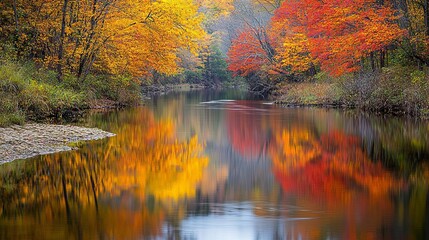 Fototapeta premium A tranquil river reflecting the vivid colors of fall foliage at the precise moment of the Fall Equinox, Fall Equinox, nature solstice