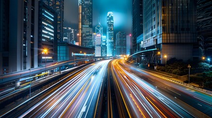 Fototapeta premium light trails of cars moving fast on the highway with skyscrapers