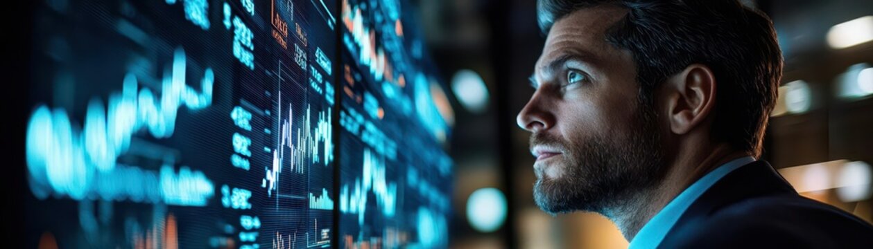 A businessman sidling away while focused on a holographic financial display, Financial reporting, Futuristic business