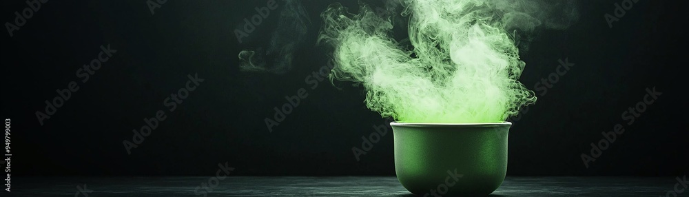 Poster a neon light display of a cauldron bubbling with bright green neon light, with a dark background and