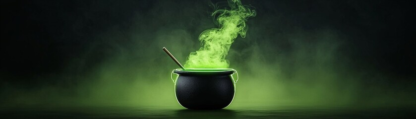 A neon light display of a cauldron bubbling with bright green neon light, with a dark background and significant copy space for additional content.