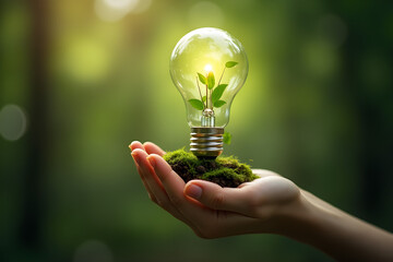 Renewable energy light bulb with green energy, Earth Day or environment protection Hands protect forests that grow on the ground and help save the world