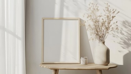 Minimalist Interior Design Mockup with Frame and Dried Flowers.