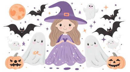 Playful Witch in Purple Dress with Friendly Ghosts and Bats on Spooky Halloween Night