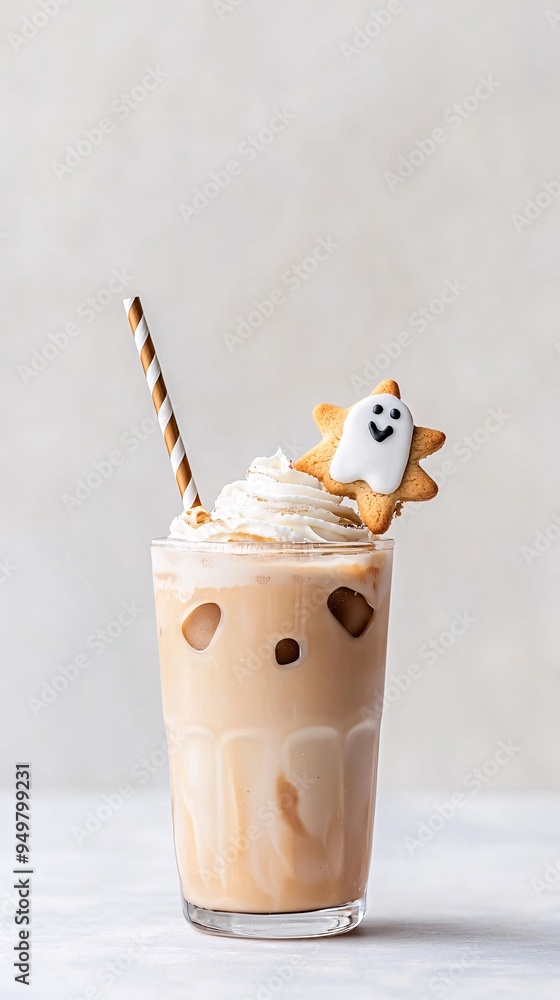 Poster a tall glass of iced coffee adorned with a halloween straw and a ghost-shaped cookie on the side, se