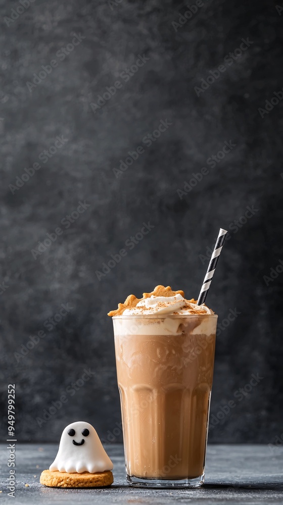 Poster a tall glass of iced coffee adorned with a halloween straw and a ghost-shaped cookie on the side, se