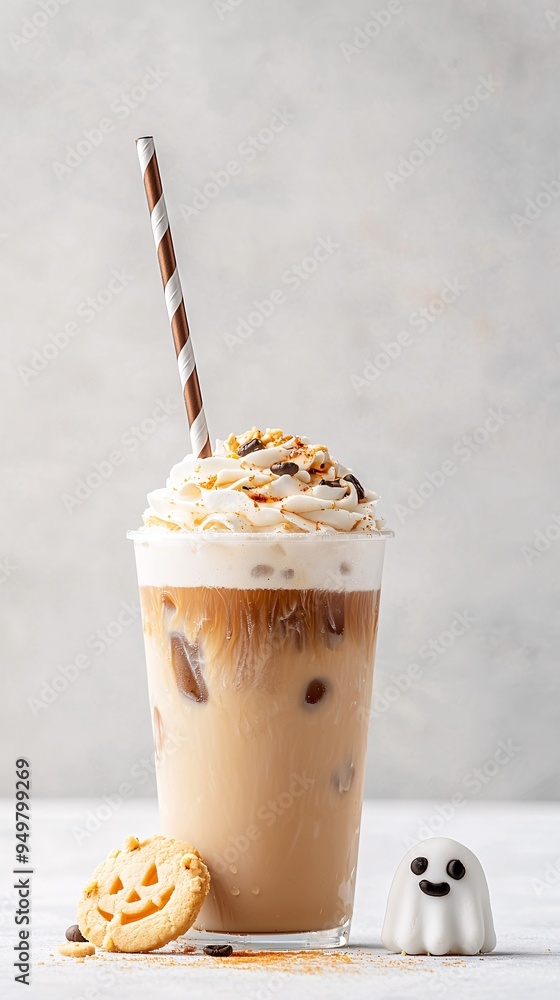 Poster a tall glass of iced coffee adorned with a halloween straw and a ghost-shaped cookie on the side, se