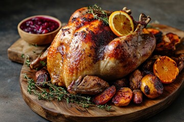 Delicious roasted turkey decorated with herbs and fruit on wooden board