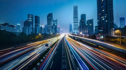 Obraz premium light trails of cars moving fast on the highway with skyscrapers
