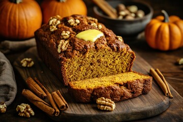 Freshly baked pumpkin bread loaf with walnuts and spices on rustic wooden table