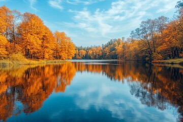 Reflection of autumn trees on a calm lake, perfectly mirroring the sky at the Fall Equinox, Fall Equinox, nature solstice