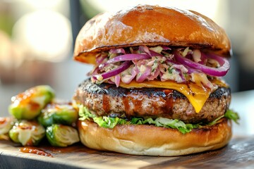 Delicious gourmet burger with grilled beef, cheddar cheese, and coleslaw on a wooden board