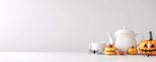 A Halloween-themed tea party setup with a teapot, cups, and Halloween treats like spider cookies and pumpkin scones, with a clean background and plenty of copy space.