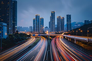 Fototapeta premium light trails of cars moving fast on the highway with skyscrapers