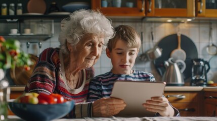 Intergenerational Learning: Grandson Teaching Elderly Grandmother to Use Tablet for Video Calls