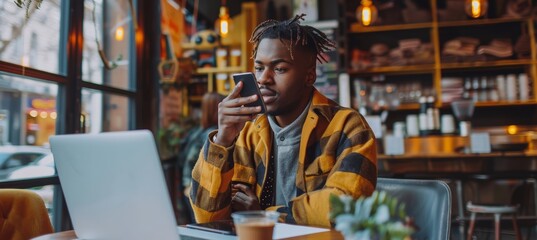 Obraz premium Young Man in Trendy Cafe, Talking on Phone and Working on Laptop