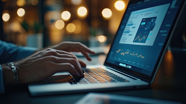 Close-up of a man's hand on a laptop keyboard in an office, with a marketing pop-up window displaying promotional tips and analytics.