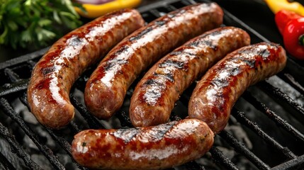 Delicious grilled sausages cooking on a barbecue grill with fresh vegetables. Perfect for a summer cookout or BBQ party.