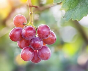 Close-up of ripe red grapes hanging on a vine in a vineyard with green leaves in the background, bathed in natural sunlight.