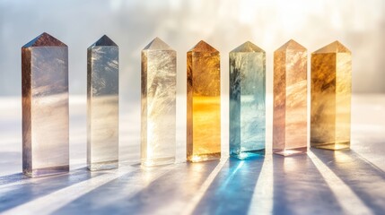 Obraz premium A captivating arrangement of crystal towers reflecting light, showcasing various colors and textures for a mesmerizing visual effect.