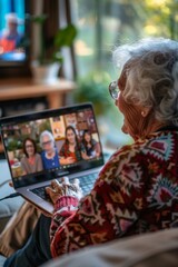 Obraz premium Senior Woman Enjoying Virtual Family Reunion on Laptop, Engaging Online Gathering for Remote Connection