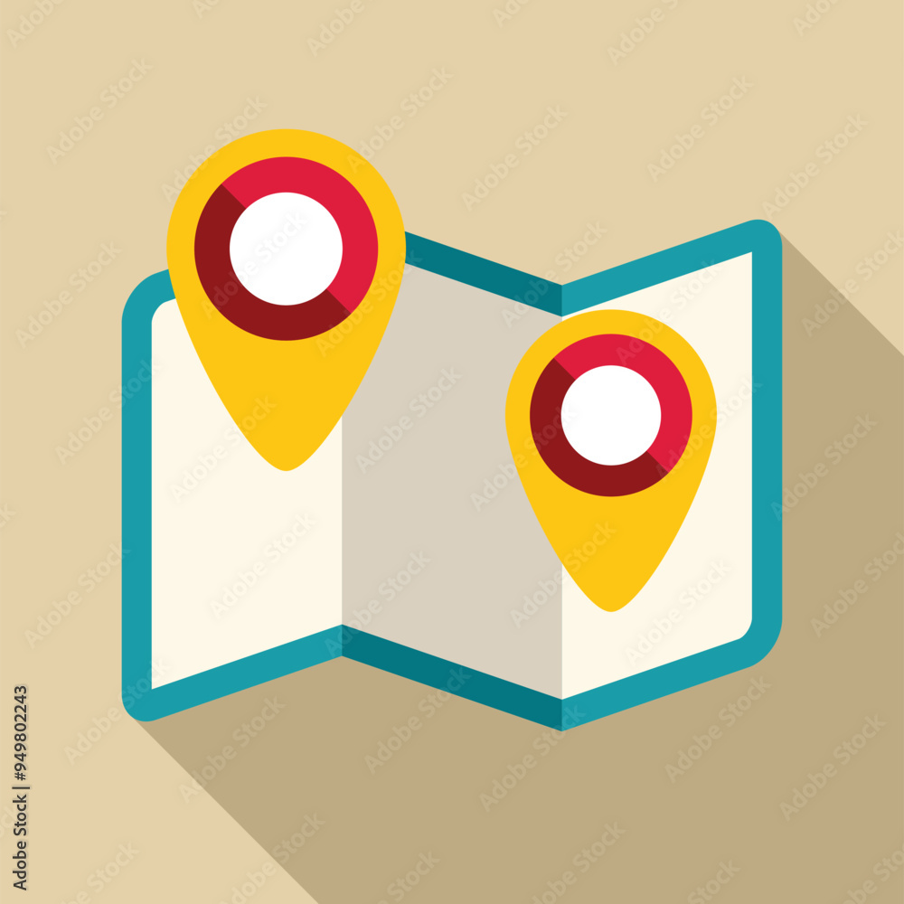Poster folded abstract city map with two colorful location pins showing points of interest