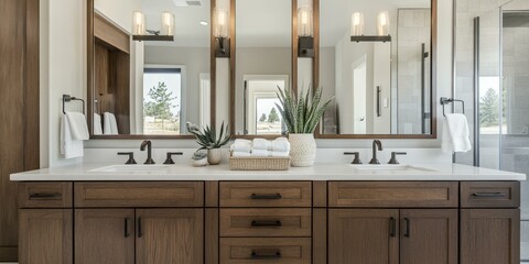 Modern bathroom with double vanity and wood cabinets.