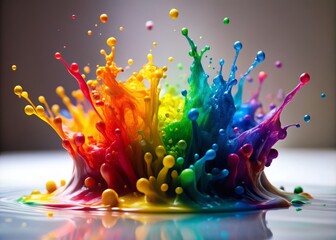 vibrant whimsical close-up macro photography capturing bursts of rainbow-colored paint splashing onto white background with soft focus blurred edges and vivid saturation