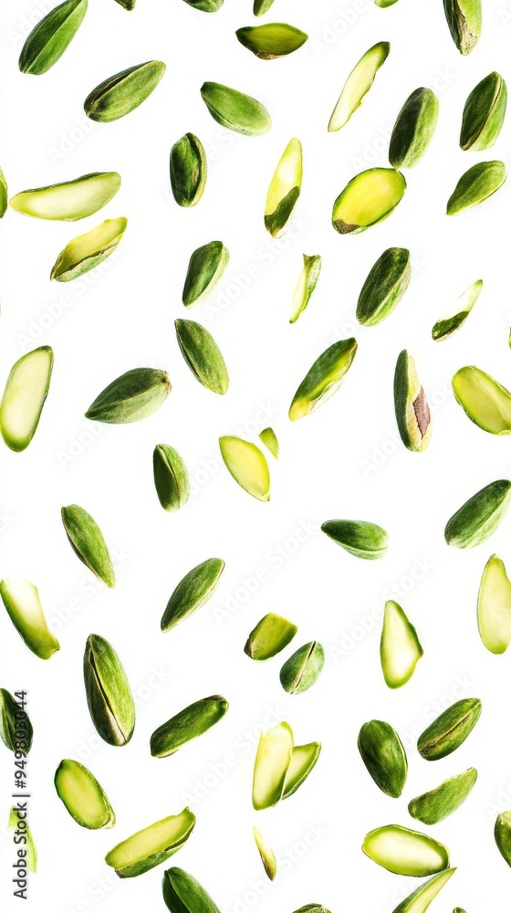 Poster full depth of field image of falling pistachios on white background