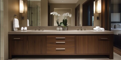 Modern bathroom vanity with wood cabinets and white orchids.