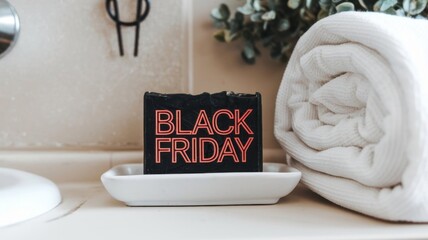 Minimalist Bathroom with a Black Soap Bar Featuring "Black Friday" Text, Placed on a White Soap Dish Beside Rolled Towels