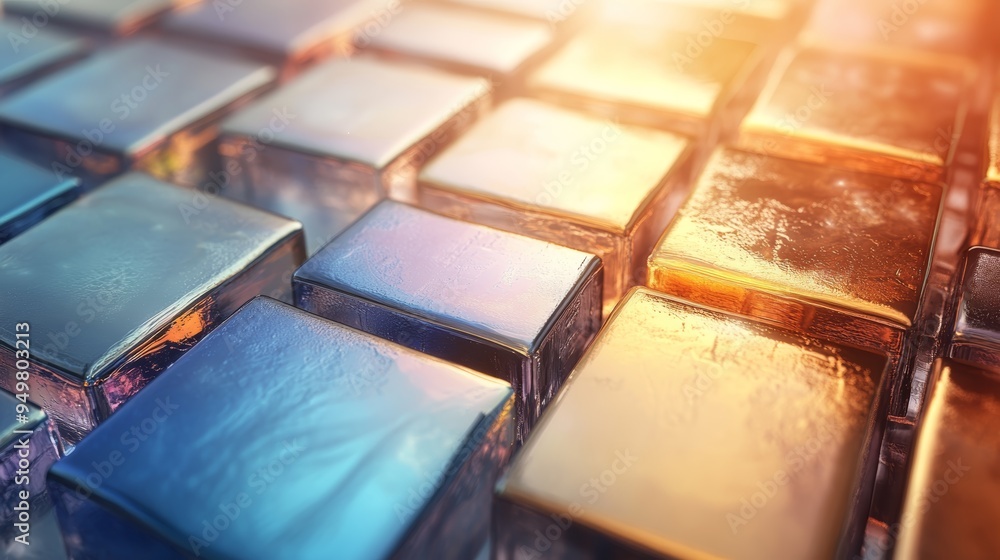Aufkleber a vibrant, close-up view of colorful metallic cubes reflecting light, creating an abstract and artis