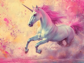 A magical unicorn gallops through a colorful splash of vibrant hues, radiating enchantment and fantasy in a whimsical setting.