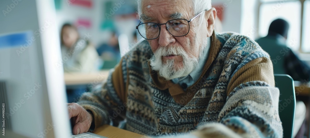 Poster digital literacy lesson for seniors: elderly man learning computer skills in classroom setting