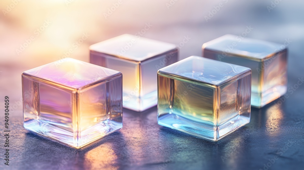Poster four translucent glass cubes reflecting light on a smooth surface, creating a serene and artistic at