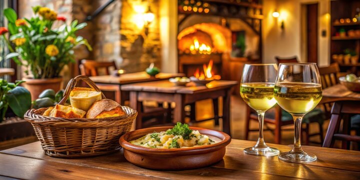 Warm golden light drips on rustic wooden table as aromatic bacalhau &agrave; br&aacute;s, crispy pastry, and refreshing vinho verde mingle in cozy Portuguese tasca atmosphere.