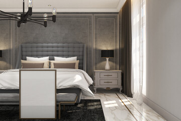 3d render of interior design luxury bedroom, classic modern style. White marble floor, gray wall and white ceiling. Set 7