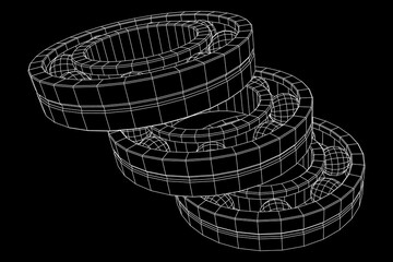Roller bearing. Circular round rotating bearings used in industry for heavy equipment mechanical work and engineering. Wireframe low poly mesh vector illustration.