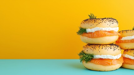 Bagel with cream cheese and salmon, brunch style, 3D illustration