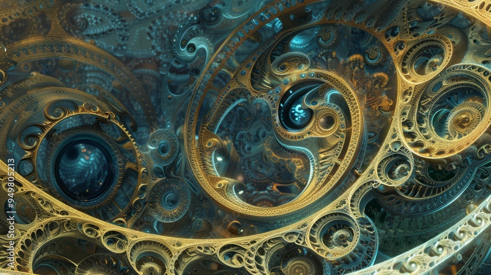 Poster Intricate gold and blue abstract machine gears background.