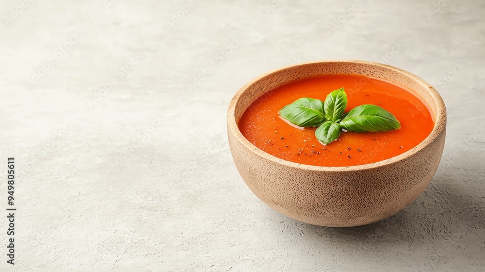 Wall mural tomato soup with basil leaves, rustic bowl, 3d illustration