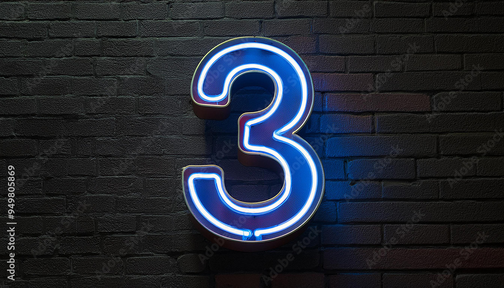 Aufkleber image of glowing neon number 3 three, made from neon light. 3d rendering. dark backdrop.