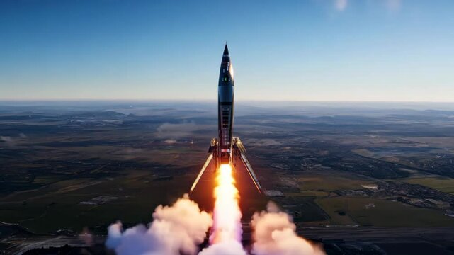 A spaceship launching from a launch pad into clear skies over a vast landscape at dawn
