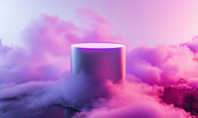 A photo of a cylindrical product display surrounded by gentle vapor clouds, highlighted by pink and purple lights